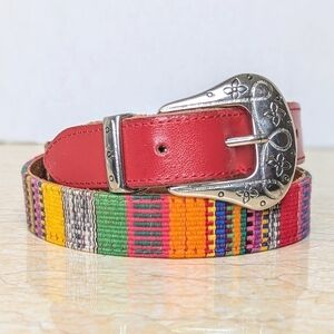 Vintage Ribco Multi Color Woven Fabric Red Leather Belt Silver Tone Buckle